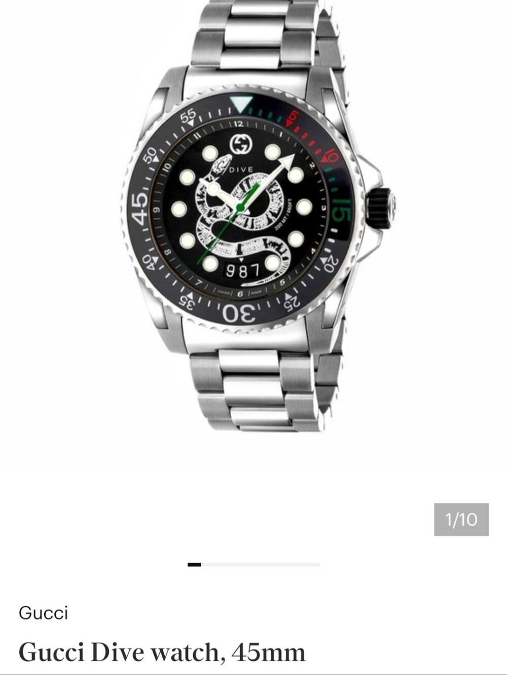 NEW AUTHENTIC Gucci Stainless Steel Dive Watch — Black Dial with Green Accents